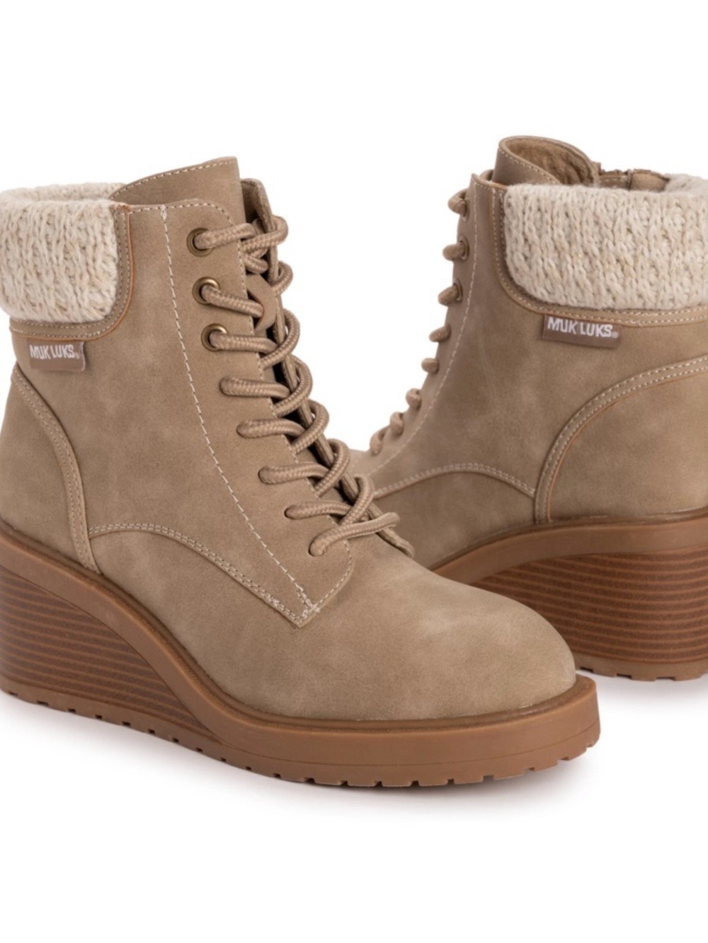 NEWinBOX 7.5 Muk Luks Taupe Lace-Up Wedge Ankle Boots W/Faux Fur Collar & zipper